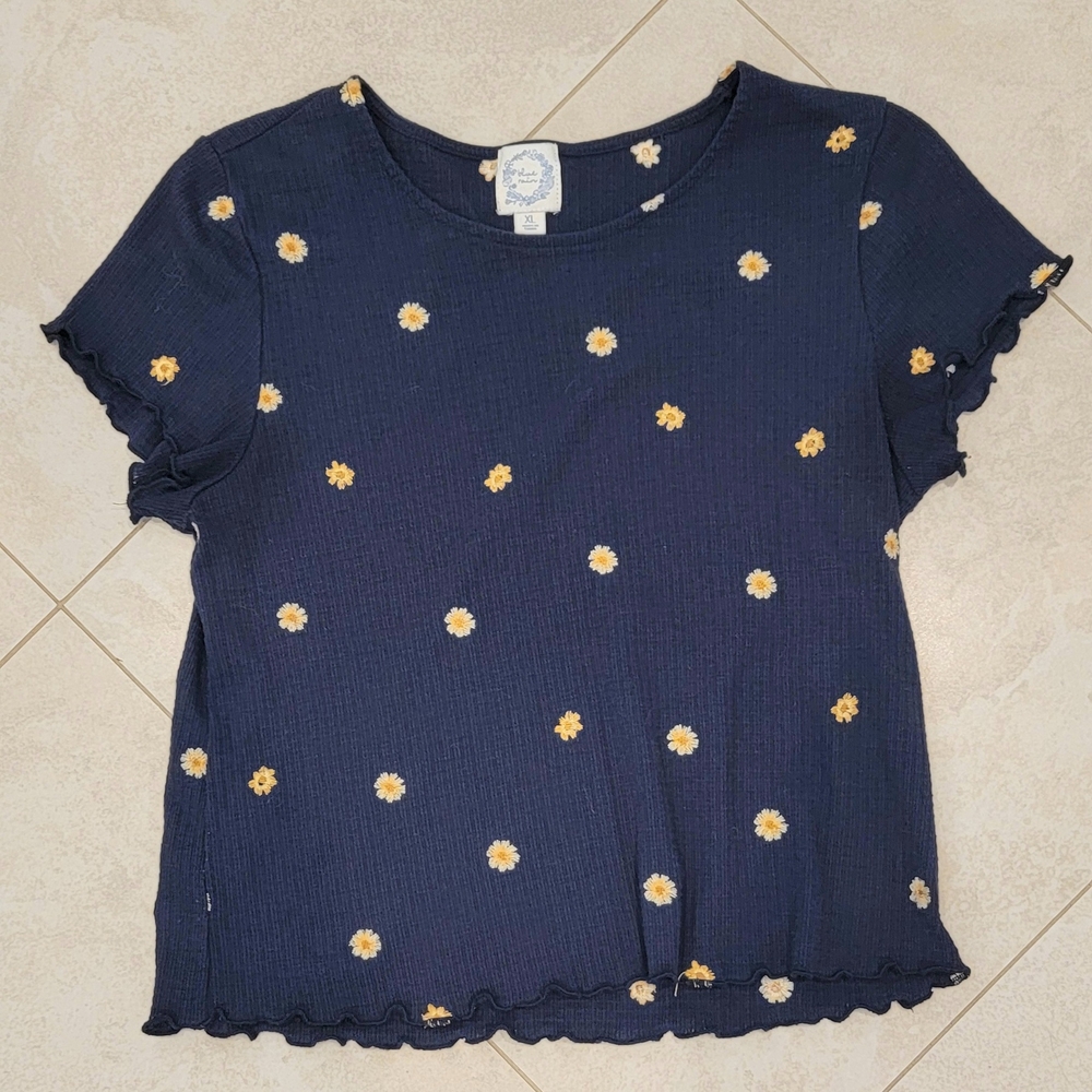 Blue Rain Embroidered Sunflower Baby Tee, Navy Blue, Women's Size XL